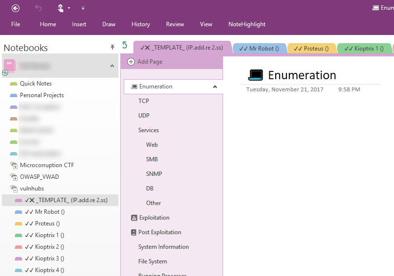 OneNote Layout For Vulnhubs CTFs